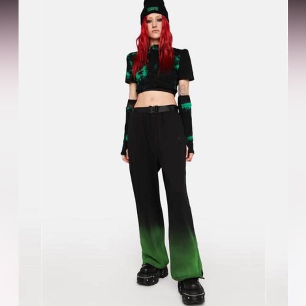 Punk rave gradient pant black green cotton y2k skater wide leg boyfriend goth